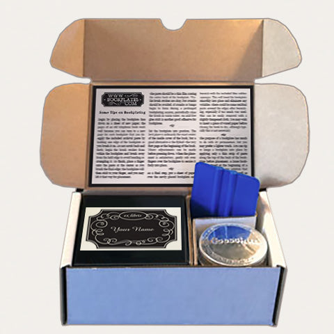 Bookplates.com Kit includes custom bookplates, paste or self adhesive paper, applicator, boxes, and instructions.