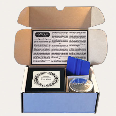 Bookplates.com Kit includes custom bookplates, paste or self adhesive paper, applicator, boxes, and instructions.