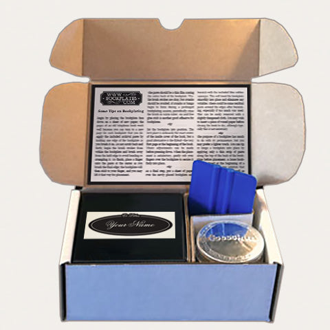 Bookplates.com Kit includes custom bookplates, paste or self adhesive paper, applicator, boxes, and instructions.