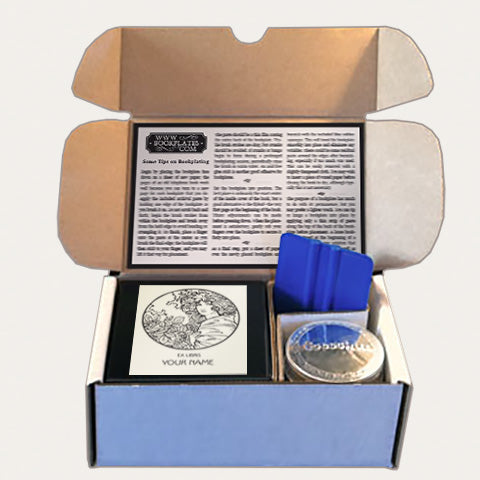 Bookplates.com Kit includes custom bookplates, paste or self adhesive paper, applicator, boxes, and instructions.
