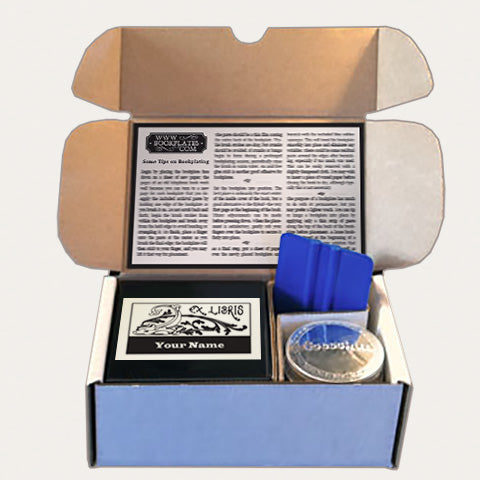 Bookplates.com Kit includes custom bookplates, paste or self adhesive paper, applicator, boxes, and instructions.