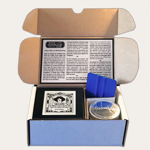 Bookplates.com Kit includes custom bookplates, paste or self adhesive paper, applicator, boxes, and instructions.