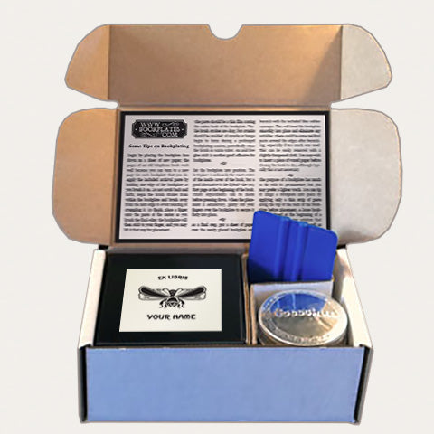 Bookplates.com Kit includes custom bookplates, paste or self adhesive paper, applicator, boxes, and instructions.