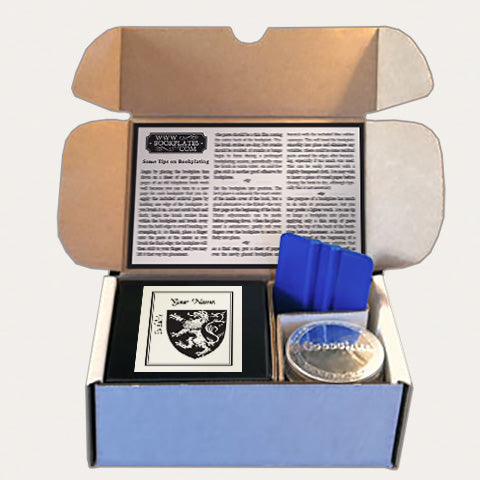 Bookplates.com Kit includes custom bookplates, paste or self adhesive paper, applicator, boxes, and instructions.