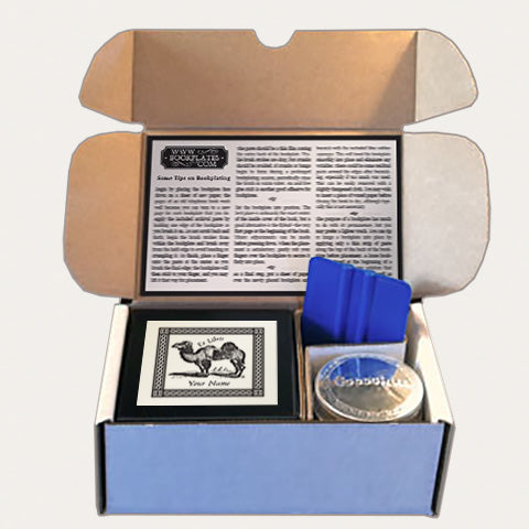 Bookplates.com Kit includes custom bookplates, paste or self adhesive paper, applicator, boxes, and instructions.