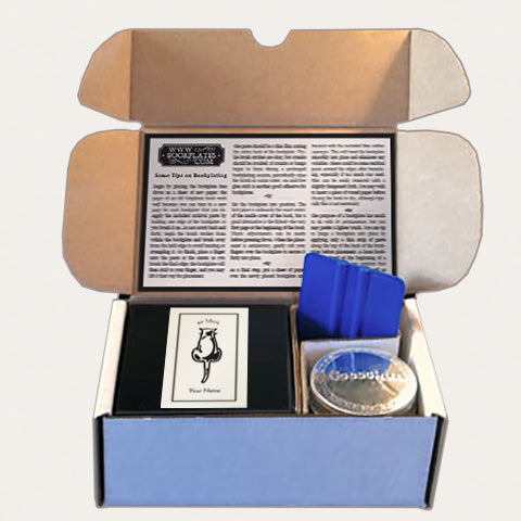 Bookplates.com Kit includes custom bookplates, paste or self adhesive paper, applicator, boxes, and instructions.
