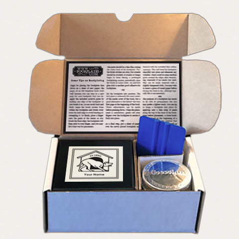 Bookplates.com Kit includes custom bookplates, paste or self adhesive paper, applicator, boxes, and instructions.