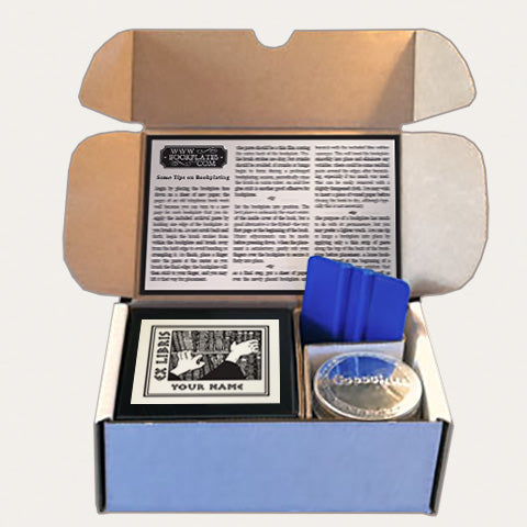 Bookplates.com Kit includes custom bookplates, paste or self adhesive paper, applicator, boxes, and instructions.