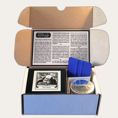 Bookplates.com Kit includes custom bookplates, paste or self adhesive paper, applicator, boxes, and instructions.