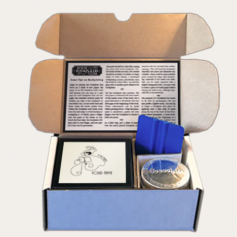 Bookplates.com Kit includes custom bookplates, paste or self adhesive paper, applicator, boxes, and instructions.