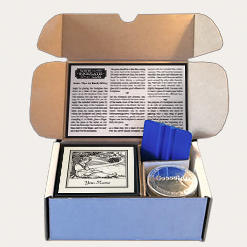 Bookplates.com Kit includes custom bookplates, paste or self adhesive paper, applicator, boxes, and instructions.