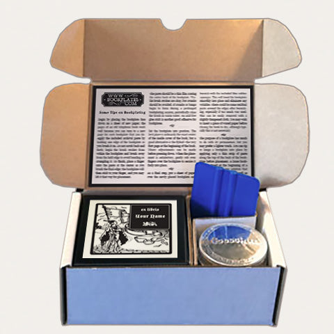 Bookplates.com Kit includes custom bookplates, paste or self adhesive paper, applicator, boxes, and instructions.