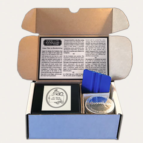 Bookplates.com Kit includes custom bookplates, paste or self adhesive paper, applicator, boxes, and instructions.