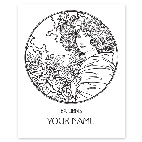 Girl with Roses Bookplate • Ex Libris Your Name • White Paper