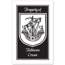 Armorial Ship Bookplate • Property of Robinson Crusoe • White Paper