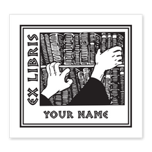 Bookshelf & Hands Bookplate • Ex Libris Your Name • White Paper