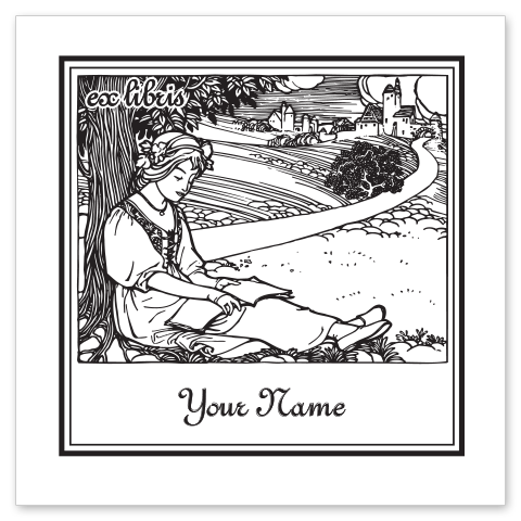 Maiden with Book Bookplate • Ex Libris Your Name • White Paper